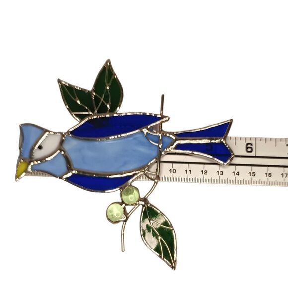 Vintage Handmade Leaded Bird Blue Jay Stained Glass Suncatcher Hanging Decor - Picture 5 of 5